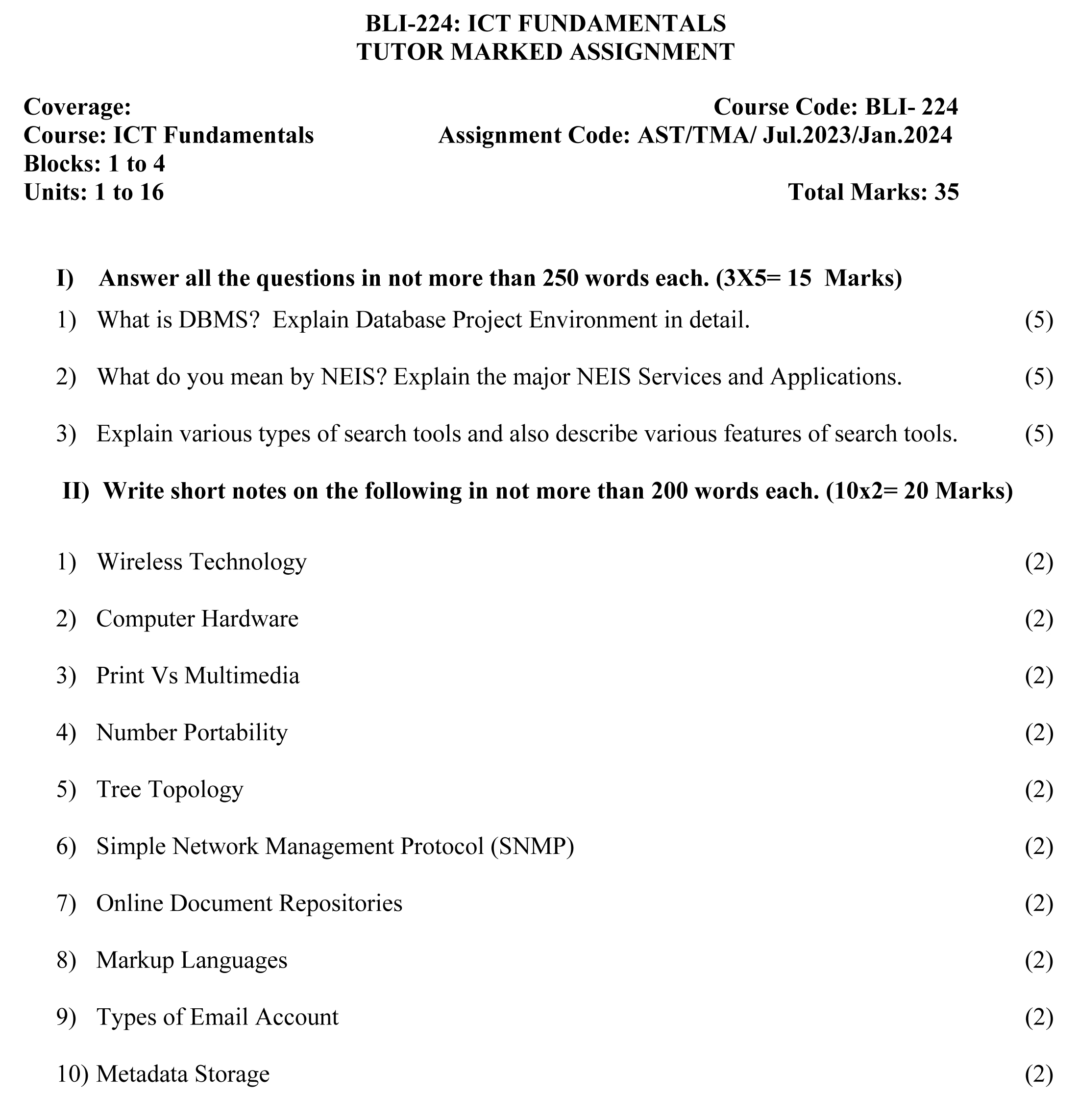 IGNOU BLI-224 - ICT Fundamentals, Latest Solved Assignment-July 2023 - January 2024