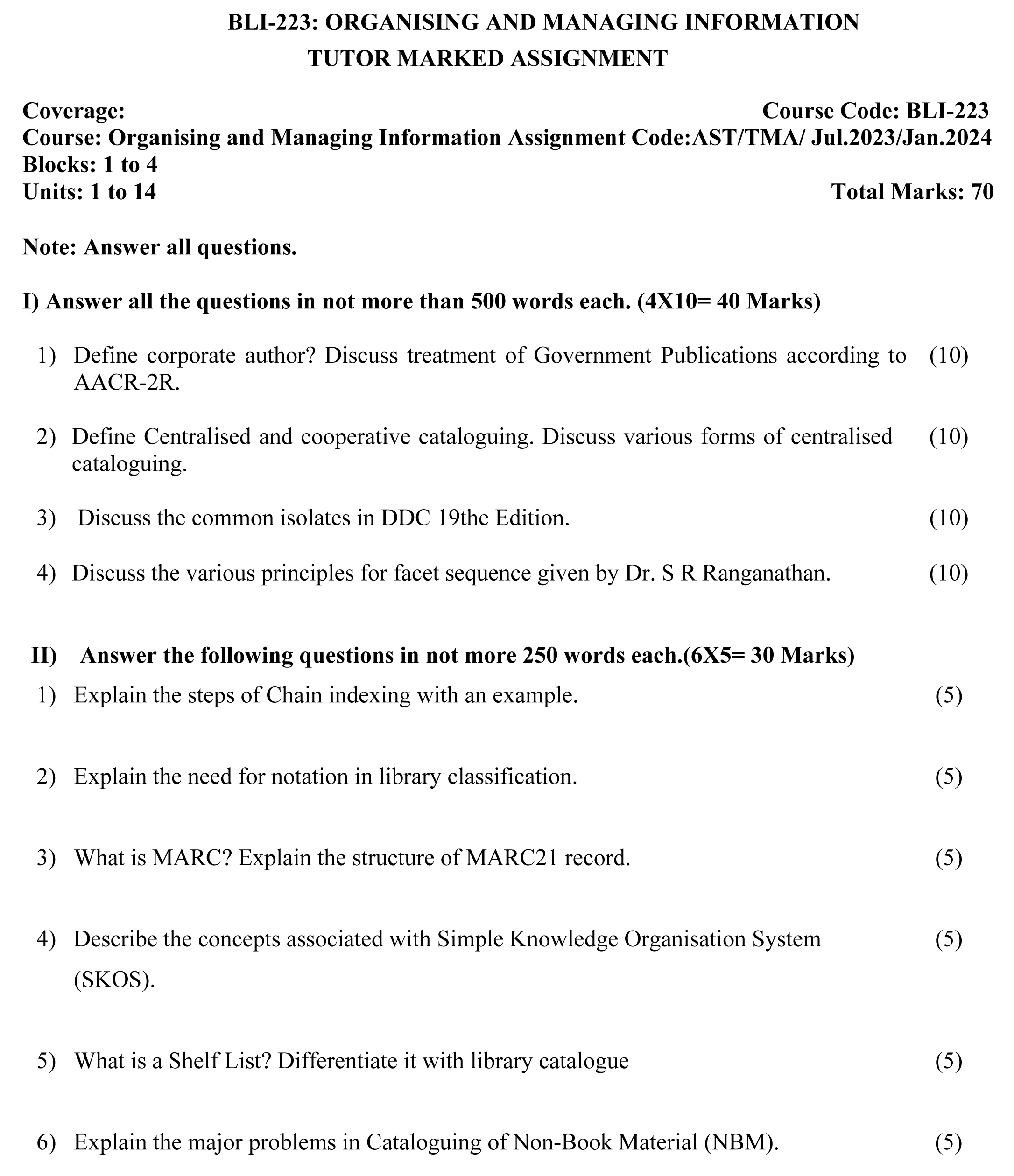 IGNOU BLI-223 - Organising and Managing Information, Latest Solved Assignment-July 2023 - January 2024