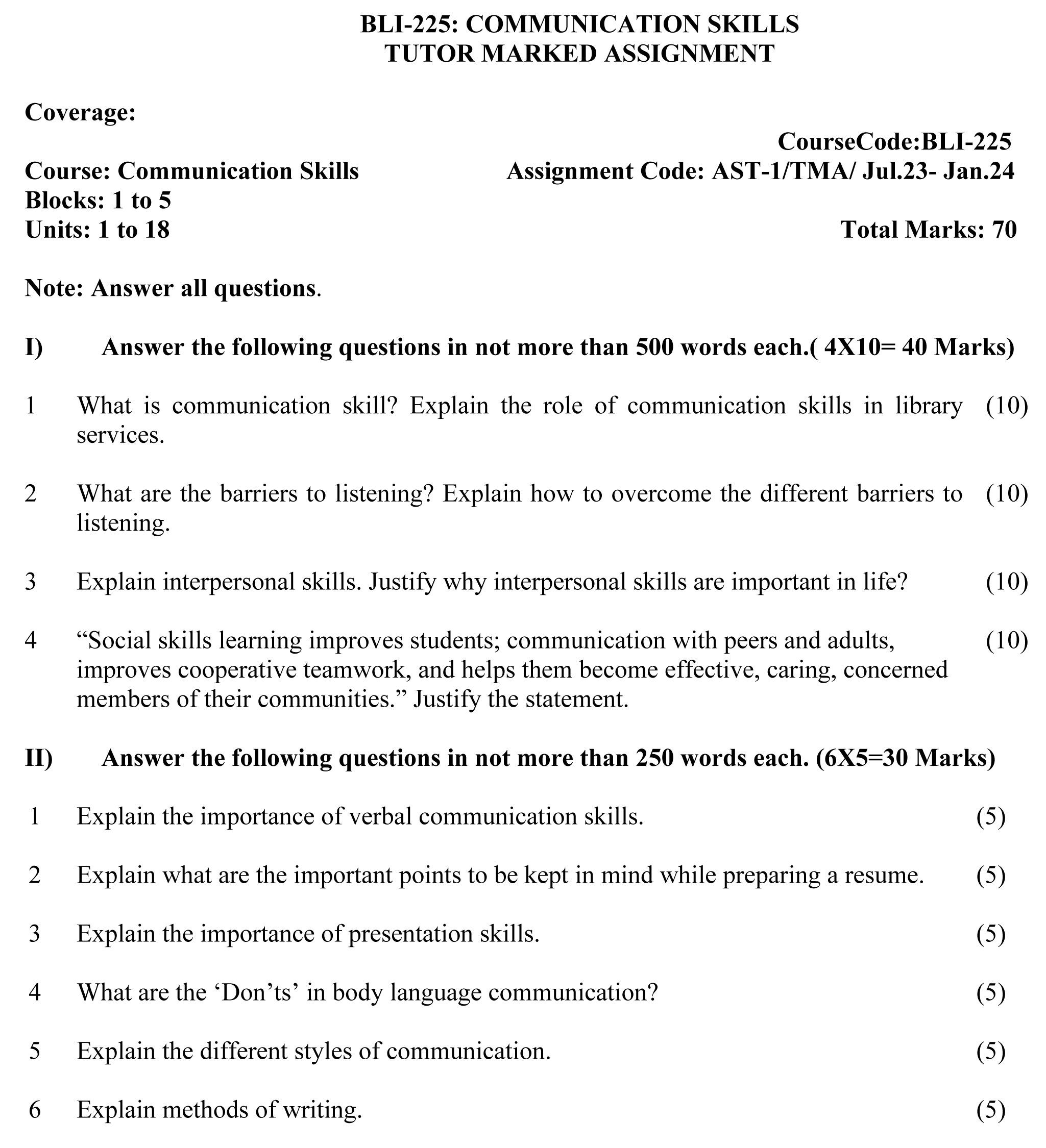 IGNOU BLI-225 - Communication Skills, Latest Solved Assignment-July 2023 - January 2024