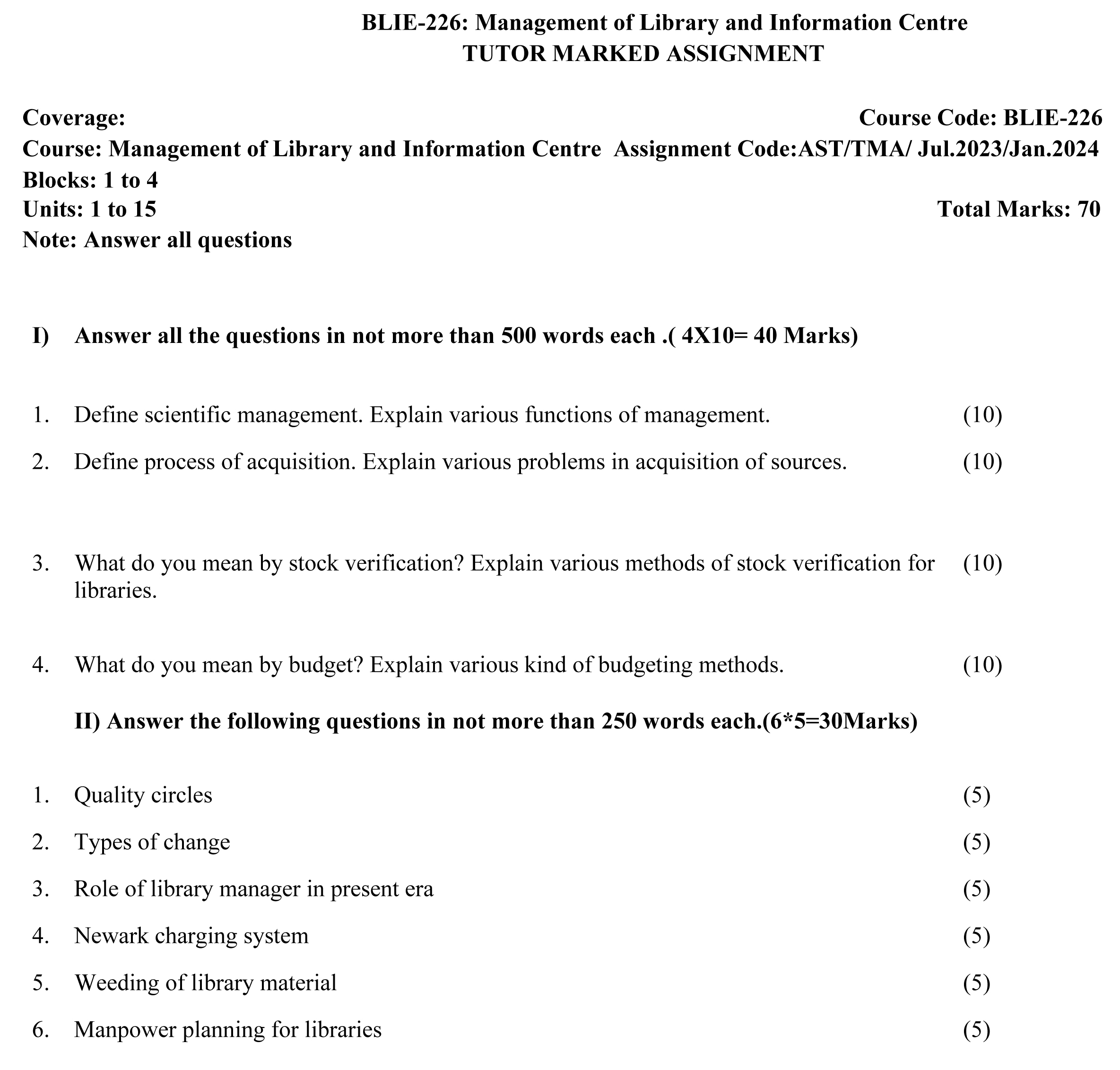 IGNOU BLIE-226 - Management of Library and Information Centre, Latest Solved Assignment -July 2023 - January 2024