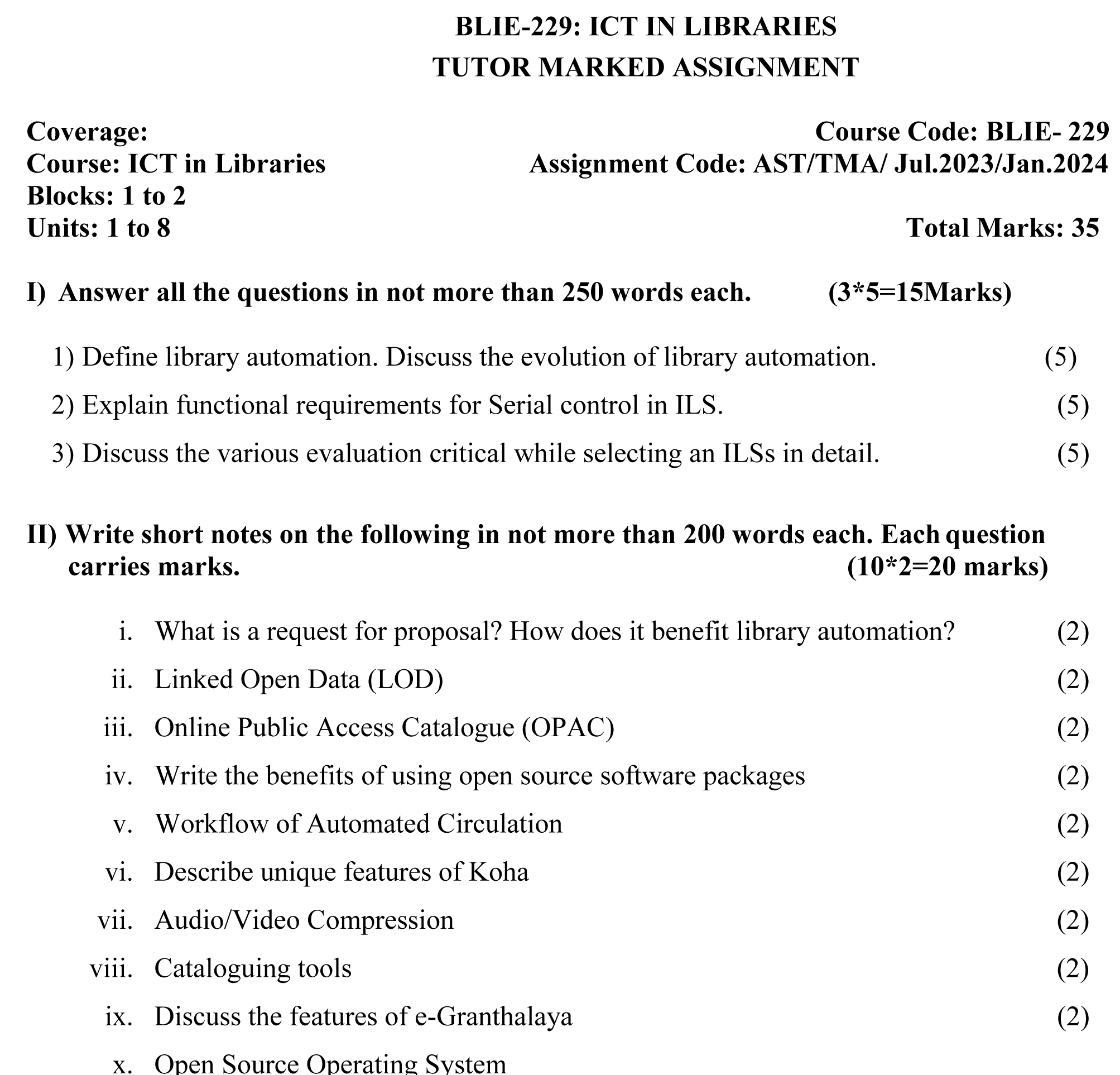 IGNOU BLIE-229 - ICT in Libraries, Latest Solved Assignment-July 2023 - January 2024