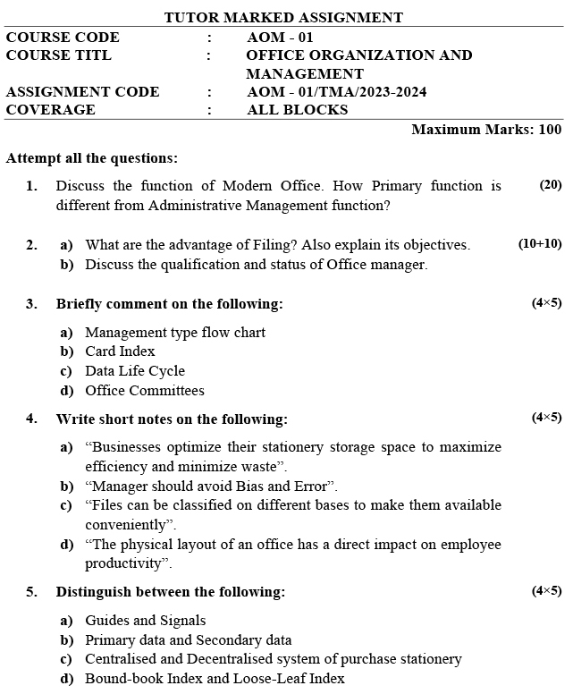 IGNOU AOM-01 - Office Organization and Management, Latest Solved Assignment-July 2023 - January 2024