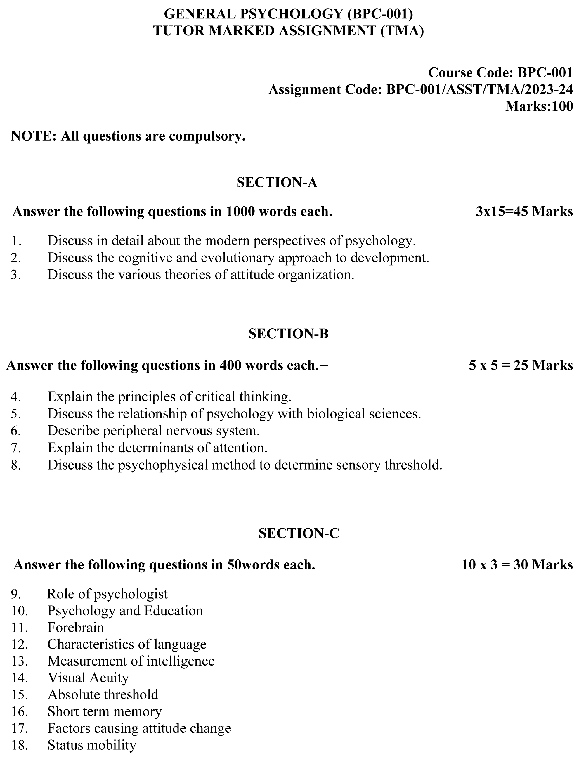 IGNOU BPC-01 - General Psychology Latest Solved Assignment-July 2023 - January 2024