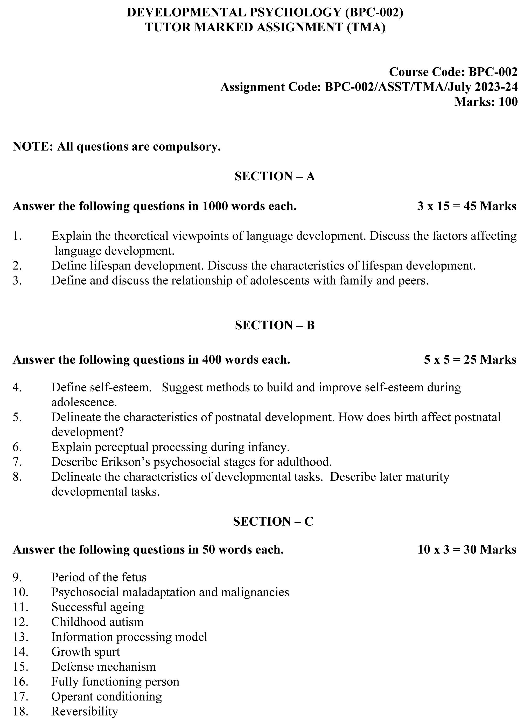 IGNOU BPC-02 - Developmental Psychology Latest Solved Assignment-July 2023 - January 2024