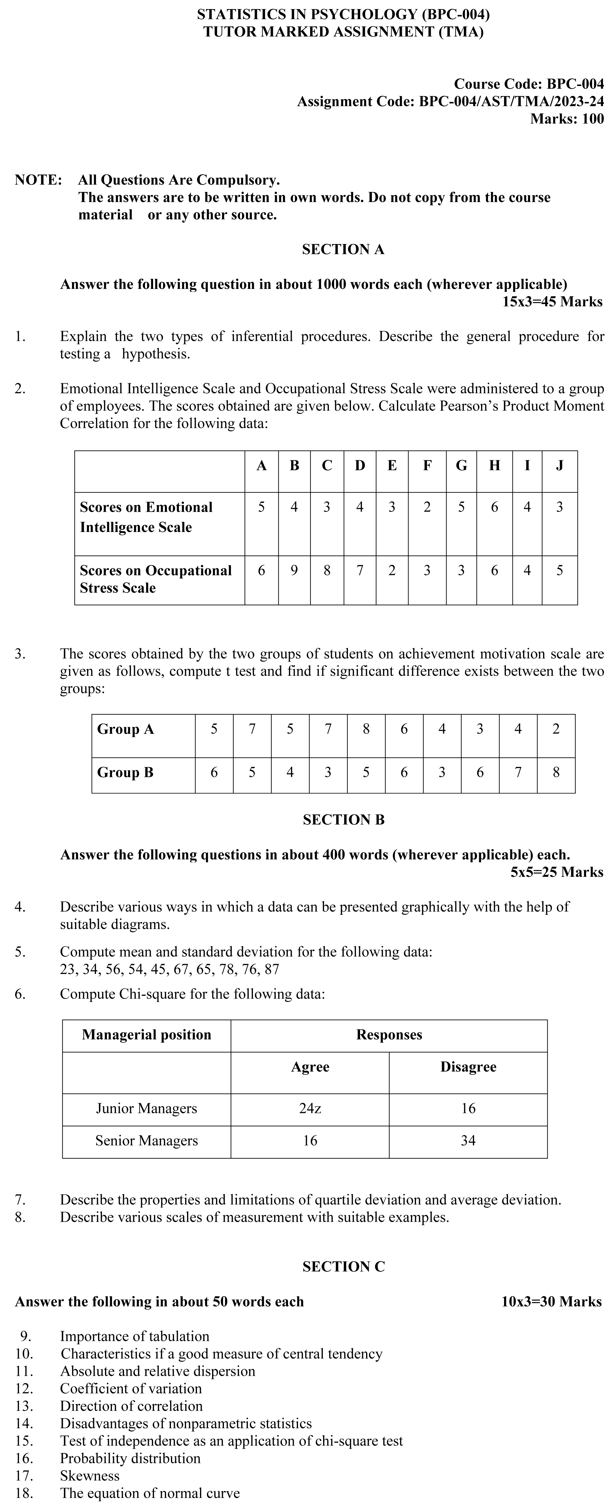 IGNOU BPC-04 - Statistics in Psychology Latest Solved Assignment-July 2023 - January 2024