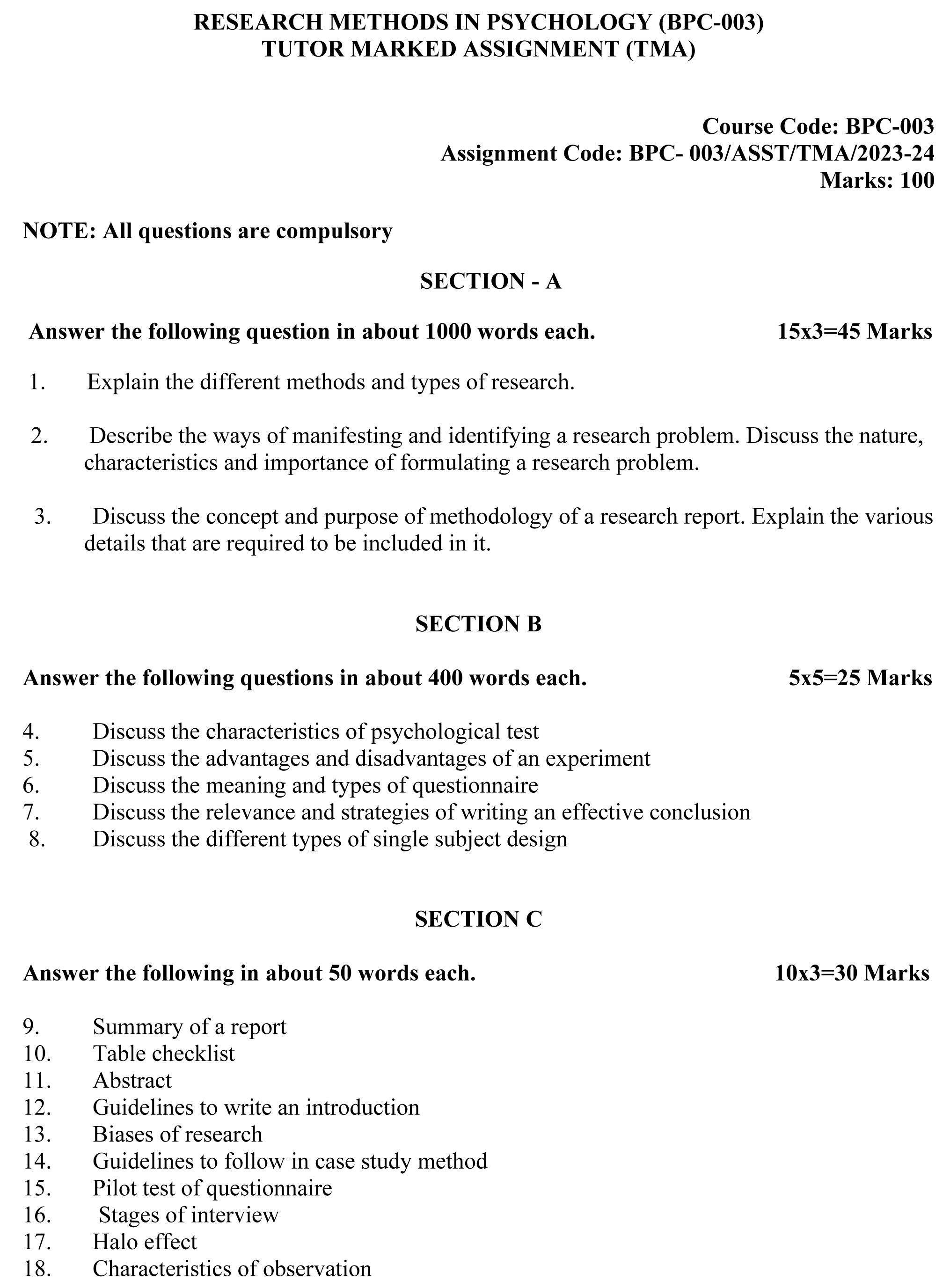 IGNOU BPC-03 - Research Methods in Psychology Latest Solved Assignment-July 2023 - January 2024