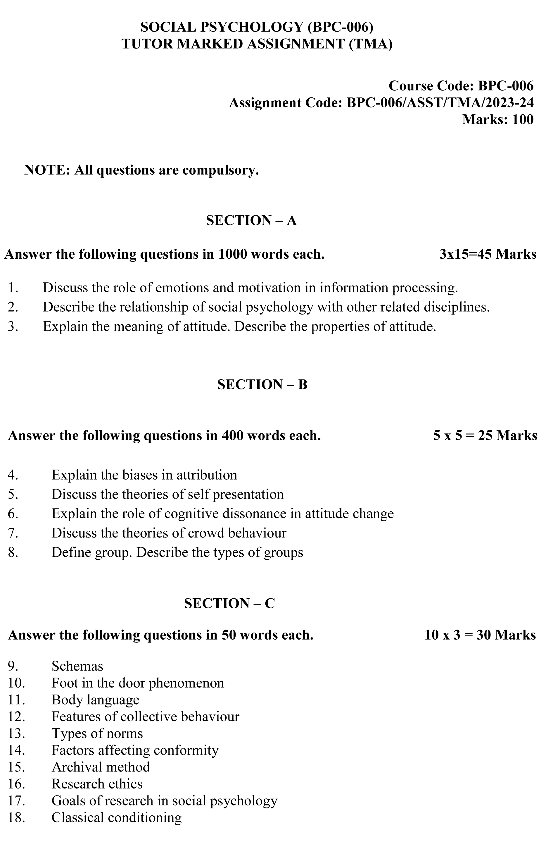 IGNOU BPC-06 - Social Psychology Latest Solved Assignment-July 2023 - January 2024