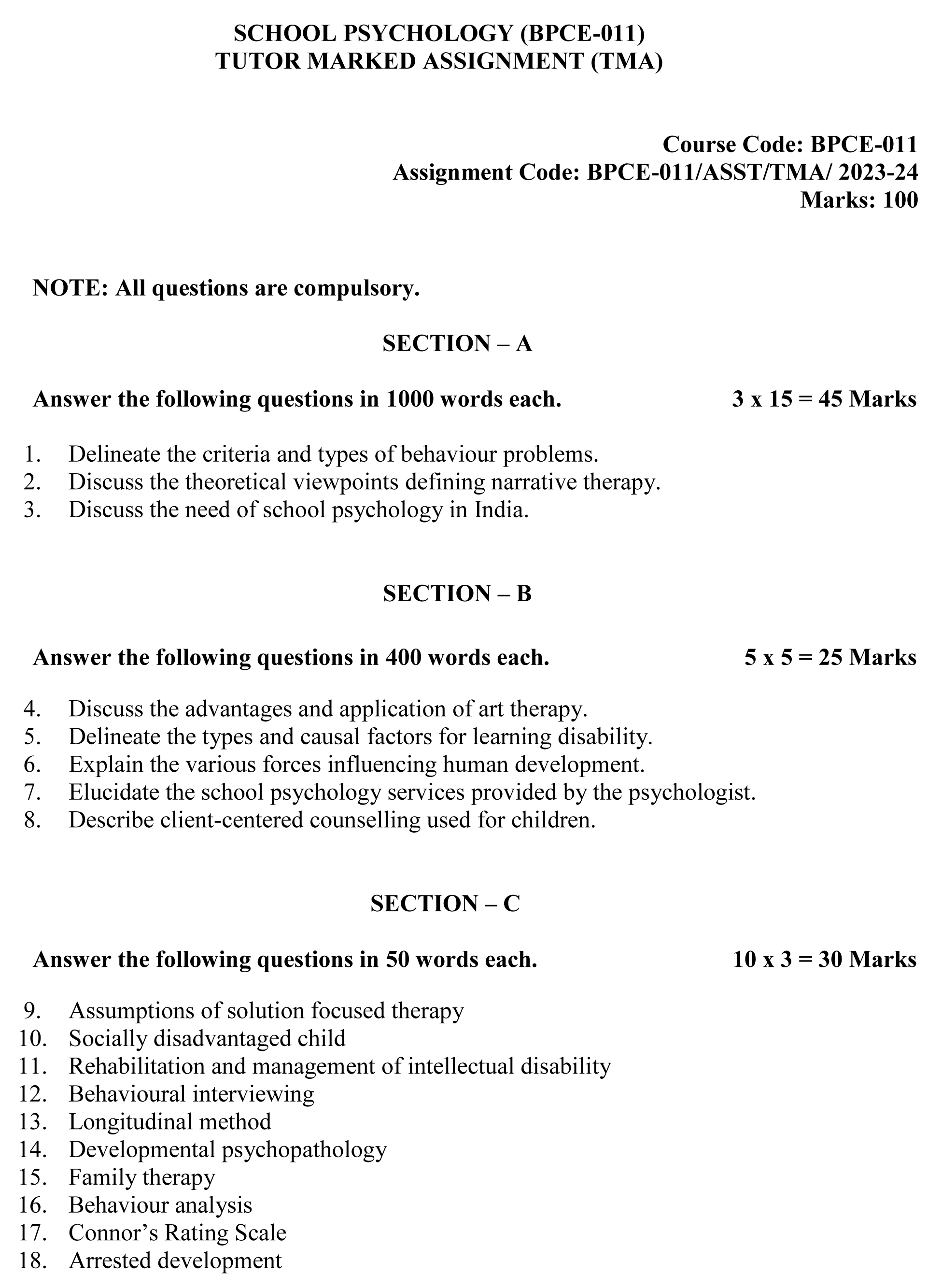 IGNOU BPCE-11 - School Psychology Latest Solved Assignment-July 2023 - January 2024