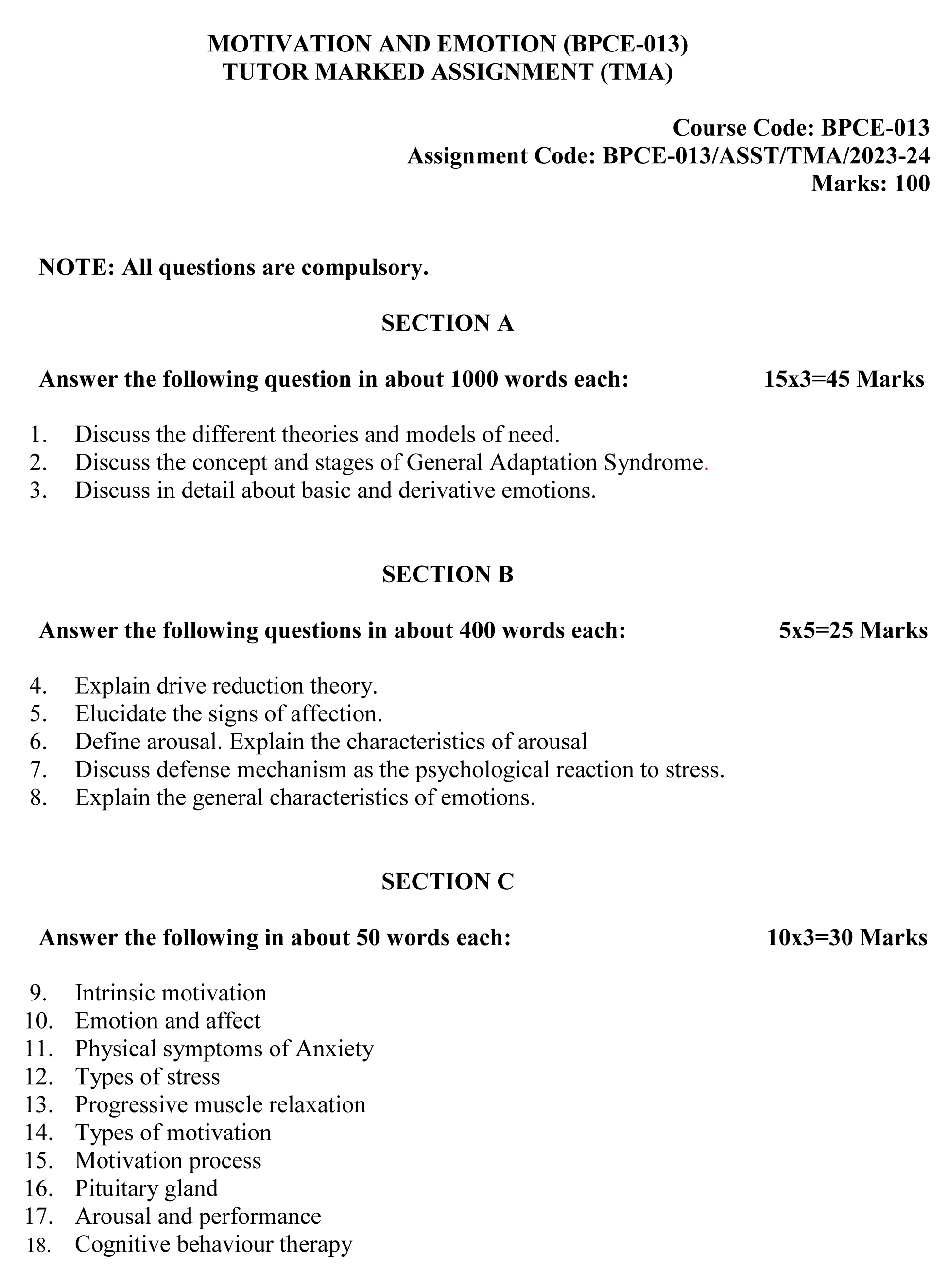 IGNOU BPCE-13 - Motivation and Emotion Latest Solved Assignment-July 2023 - January 2024