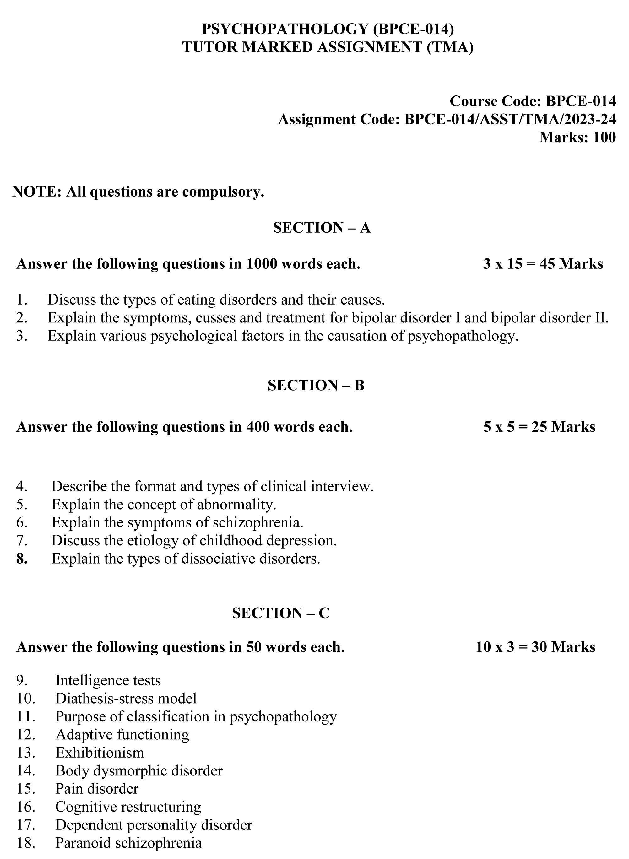 IGNOU BPCE-14 - Psychopathology Latest Solved Assignment-July 2023 - January 2024