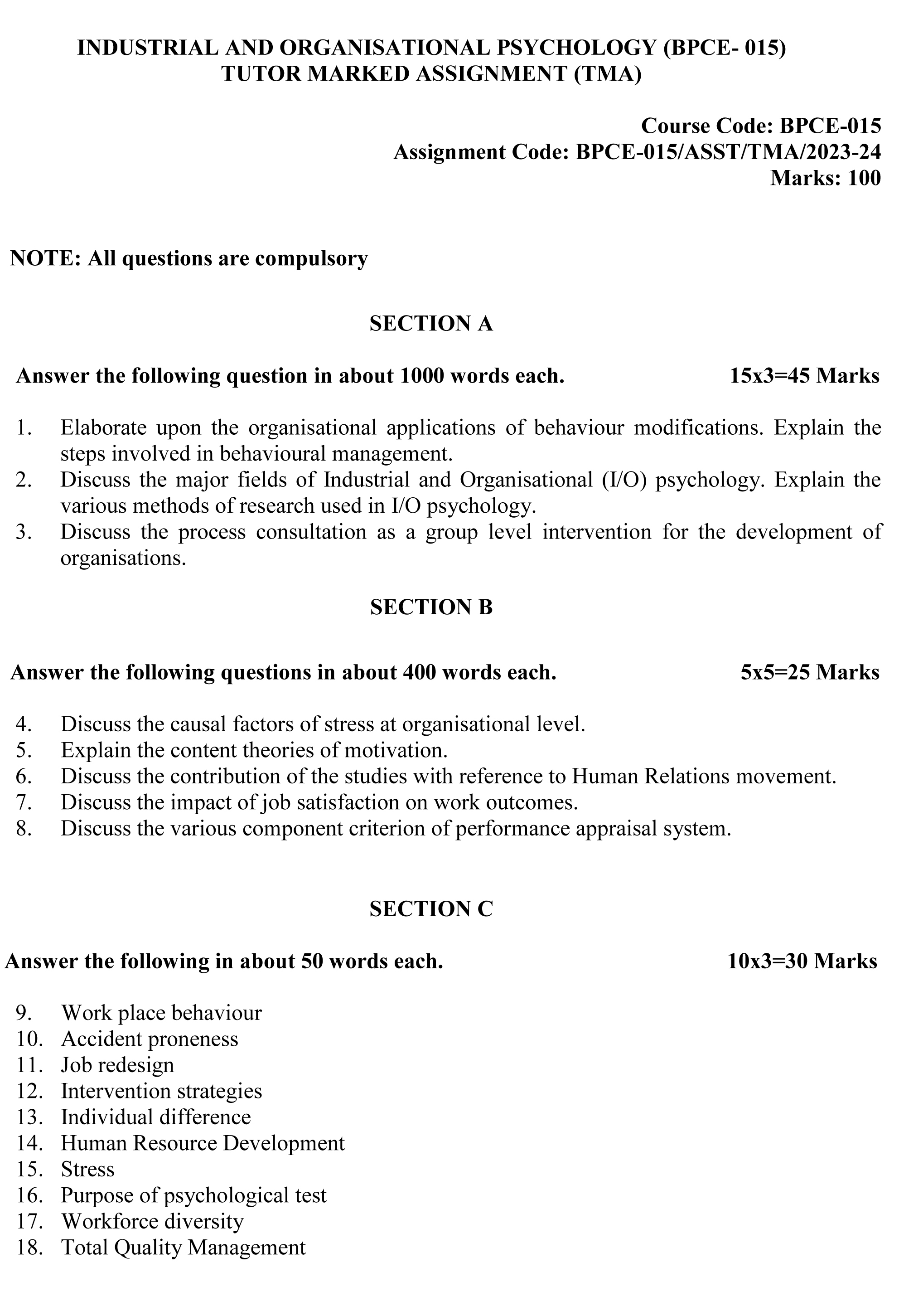 IGNOU BPCE-15 - Industrial and Organizational Psychology Latest Solved Assignment-July 2023 - January 2024