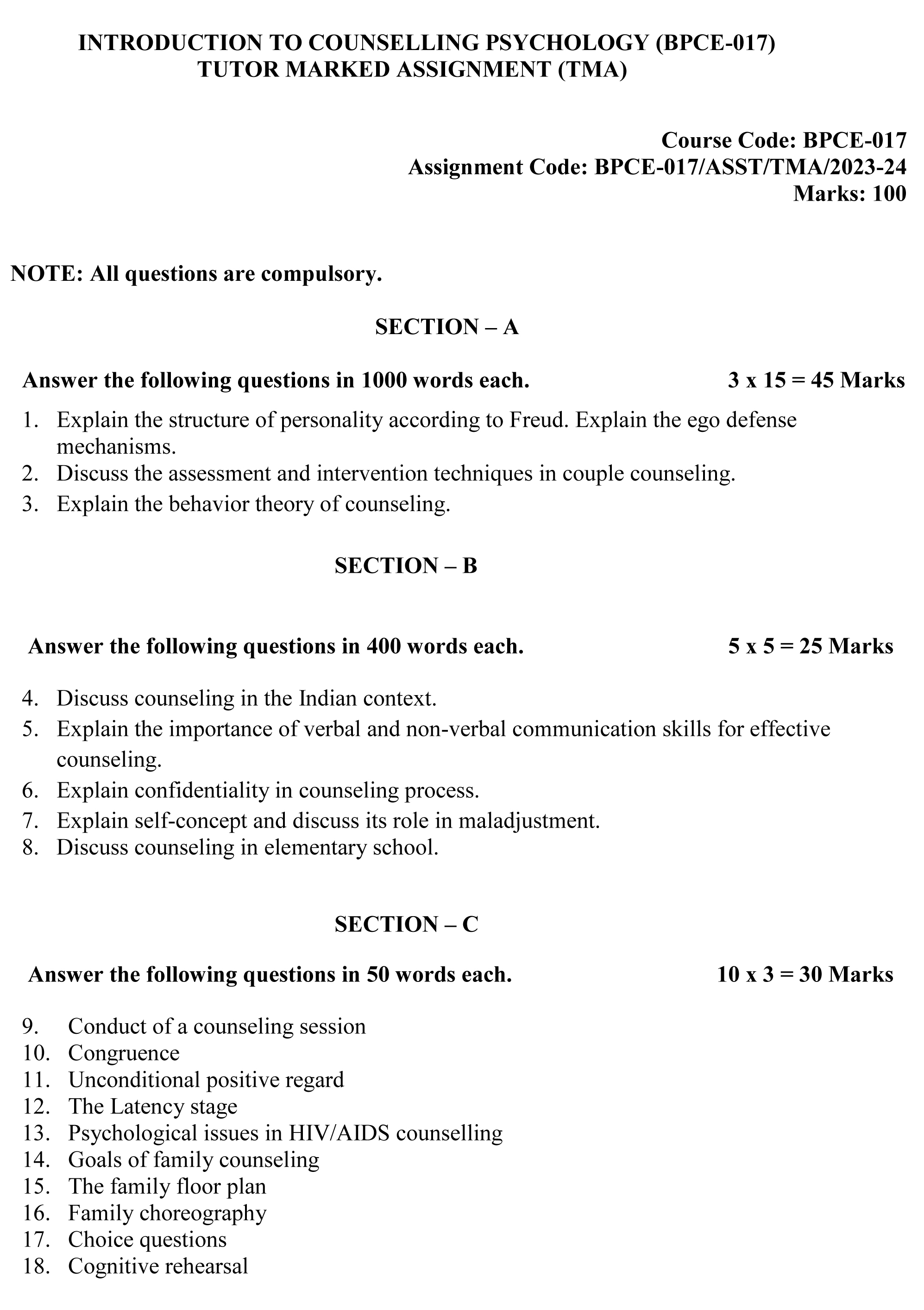 IGNOU BPCE-17 - Introduction to Counselling Psychology Latest Solved Assignment-July 2023 - January 2024