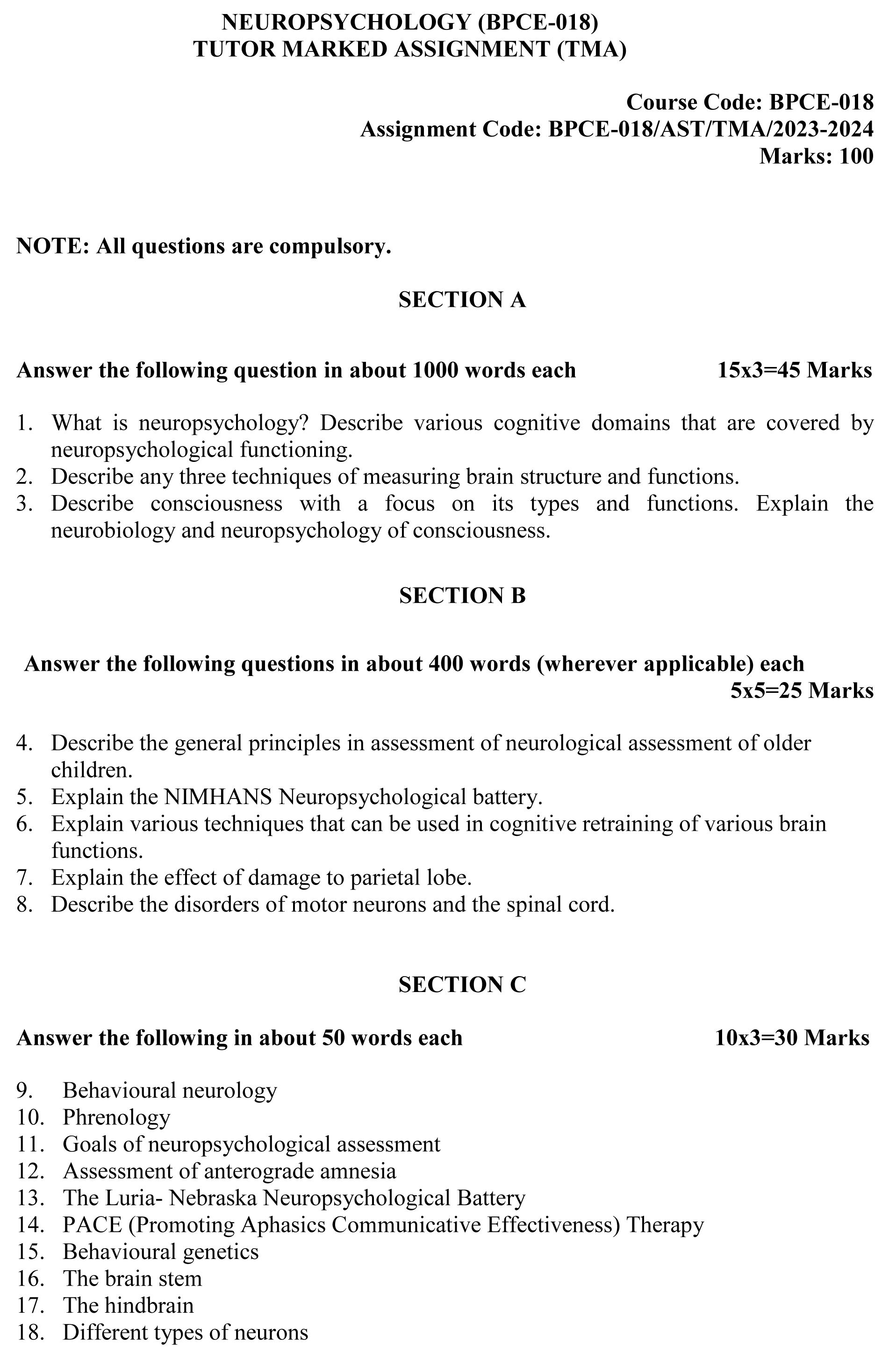 IGNOU BPCE-18 - Neuropsychology Latest Solved Assignment-July 2023 - January 2024