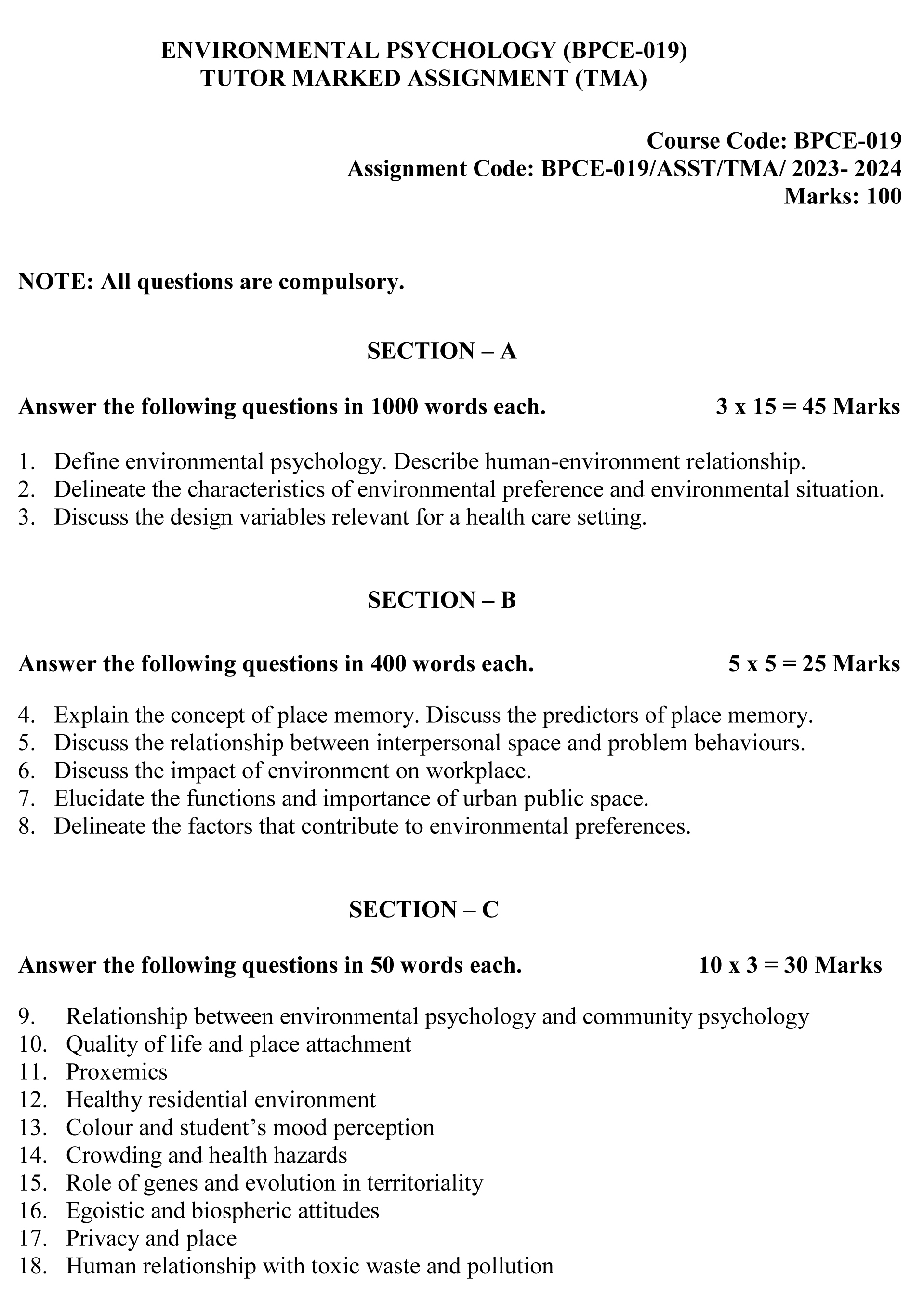 IGNOU BPCE-19 - Environmental Psychology Latest Solved Assignment-July 2023 - January 2024