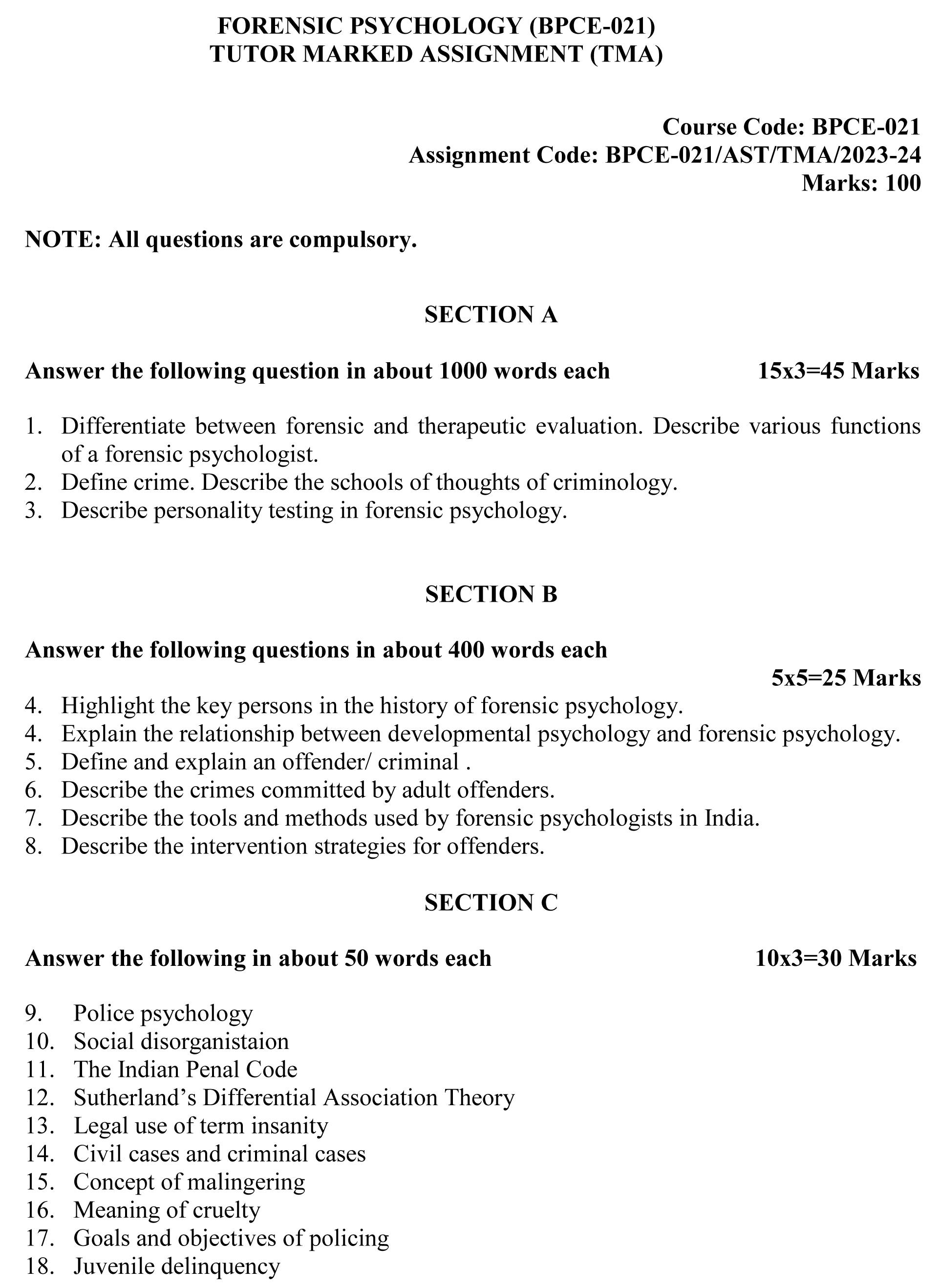 BPCE-21 - Forensic Psychology-July 2023 - January 2024