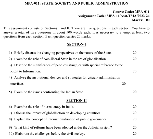 IGNOU MPA-11 - State, Society and Public Administration Latest Solved Assignment-July 2023 - January 2024