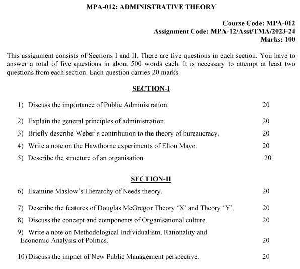 IGNOU MPA-12 - Administrative Theory Latest Solved Assignment-July 2023 - January 2024