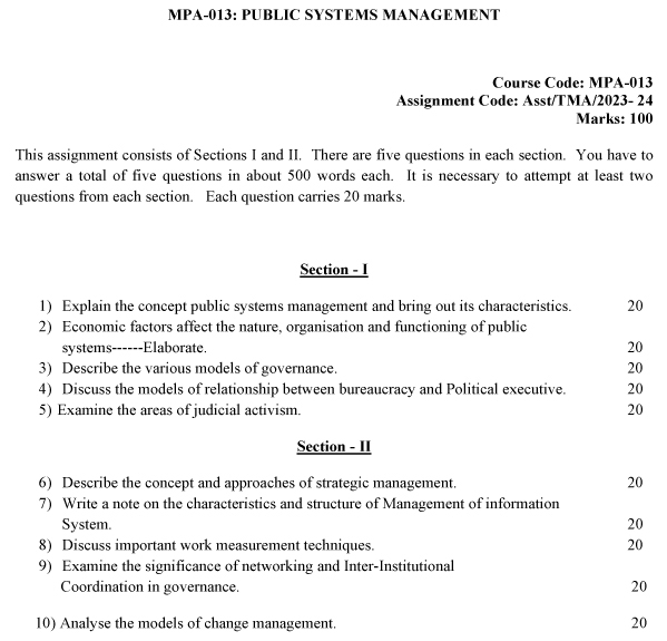 IGNOU MPA-13 - Public Systems Management Latest Solved Assignment-July 2023 - January 2024