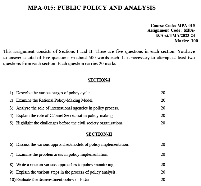 IGNOU MPA-15 - Public Policy and Analysis Latest Solved Assignment-July 2023 - January 2024