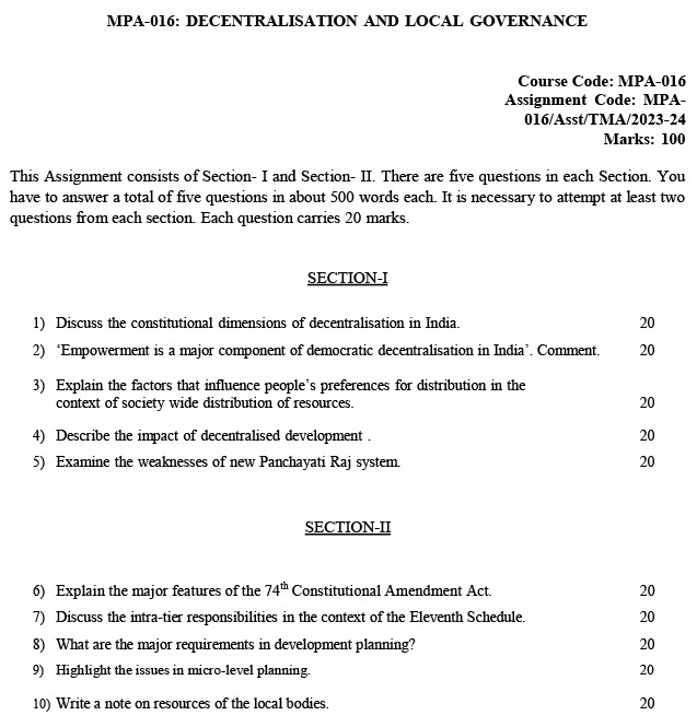 IGNOU MPA-16 - Decentralisation and Local Governance Latest Solved Assignment-July 2023 - January 2024