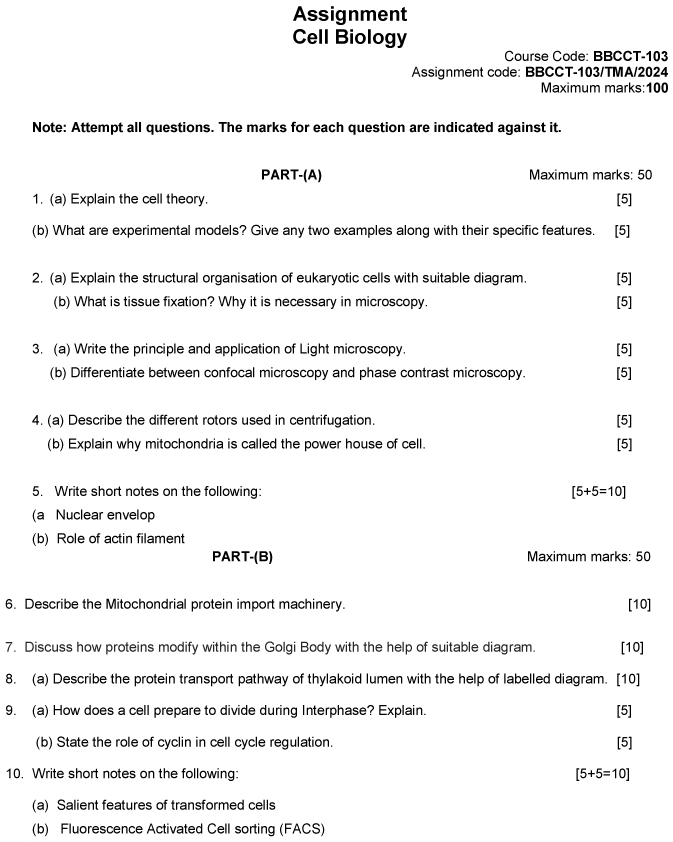 IGNOU BBCCT-103 - Cell Biology, Latest Solved Assignment-January 2024 - December 2024