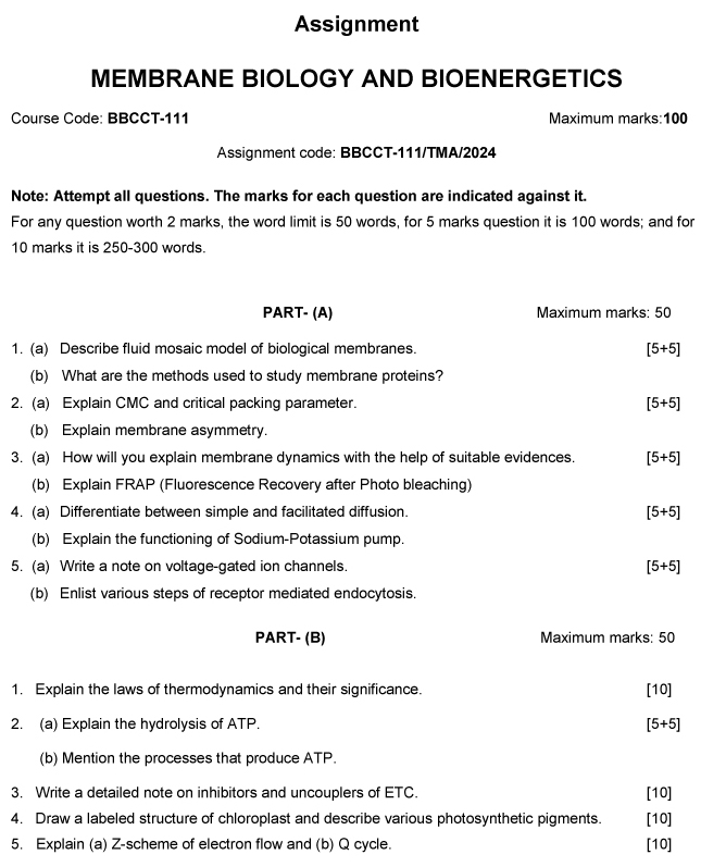 IGNOU BBCCT-111 -  Membrane Biology and Bioenergetics, Latest Solved Assignment-January 2024 - December 2024