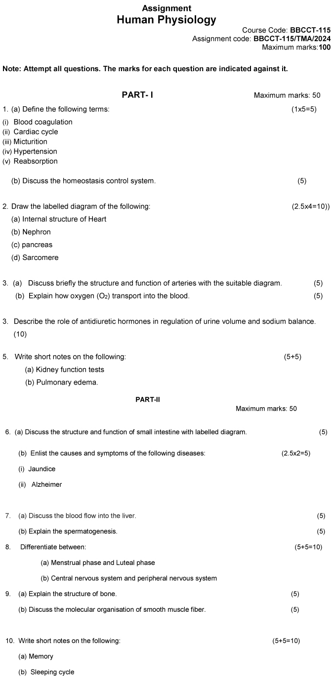 IGNOU BBCCT-115 - Human Physiology Latest Solved Assignment -January 2024 - December 2024