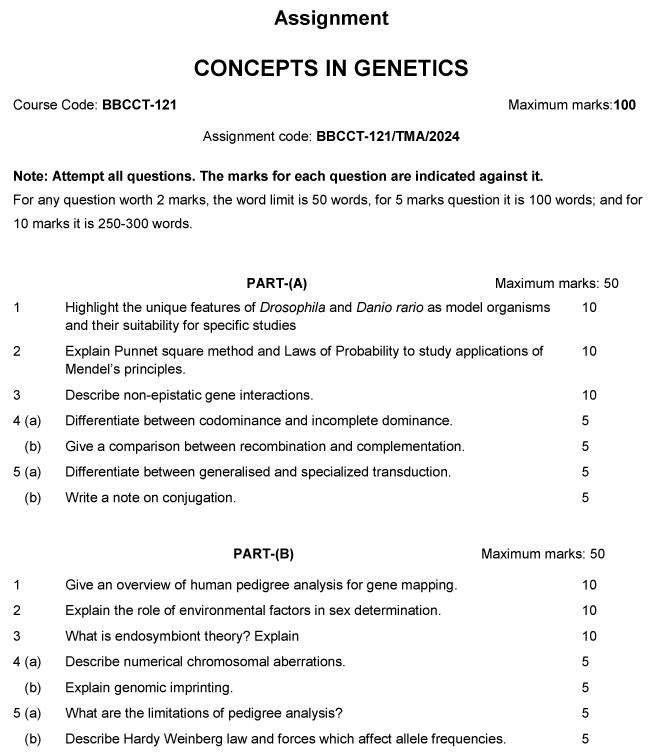 IGNOU BBCCT-121 - Concepts in Genetics Latest Solved Assignment -January 2024 - December 2024