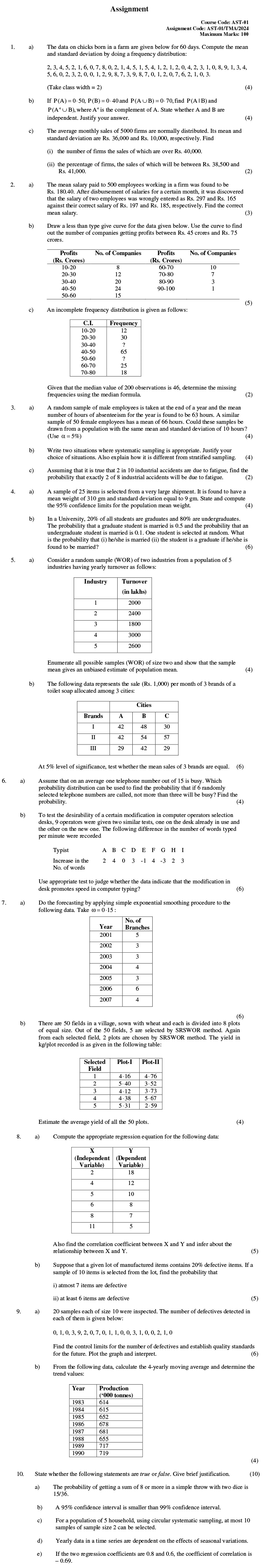 IGNOU AST-01 - Statistical techniques, Latest Solved Assignment-January 2024 - December 2024