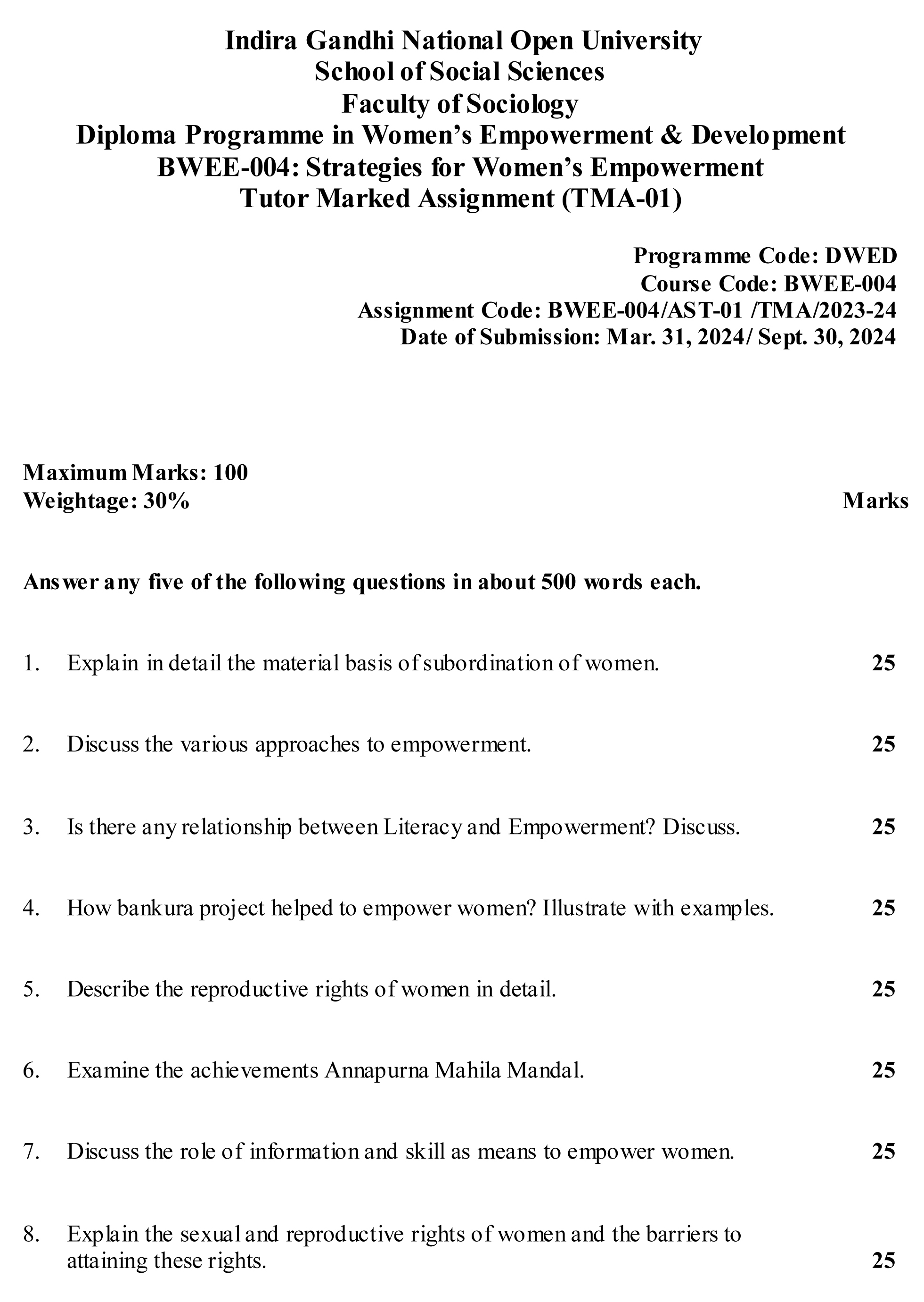 IGNOU BWEE-04 - Strategies for Women’s Empowerment, Latest Solved Assignment-July 2023 - January 2024