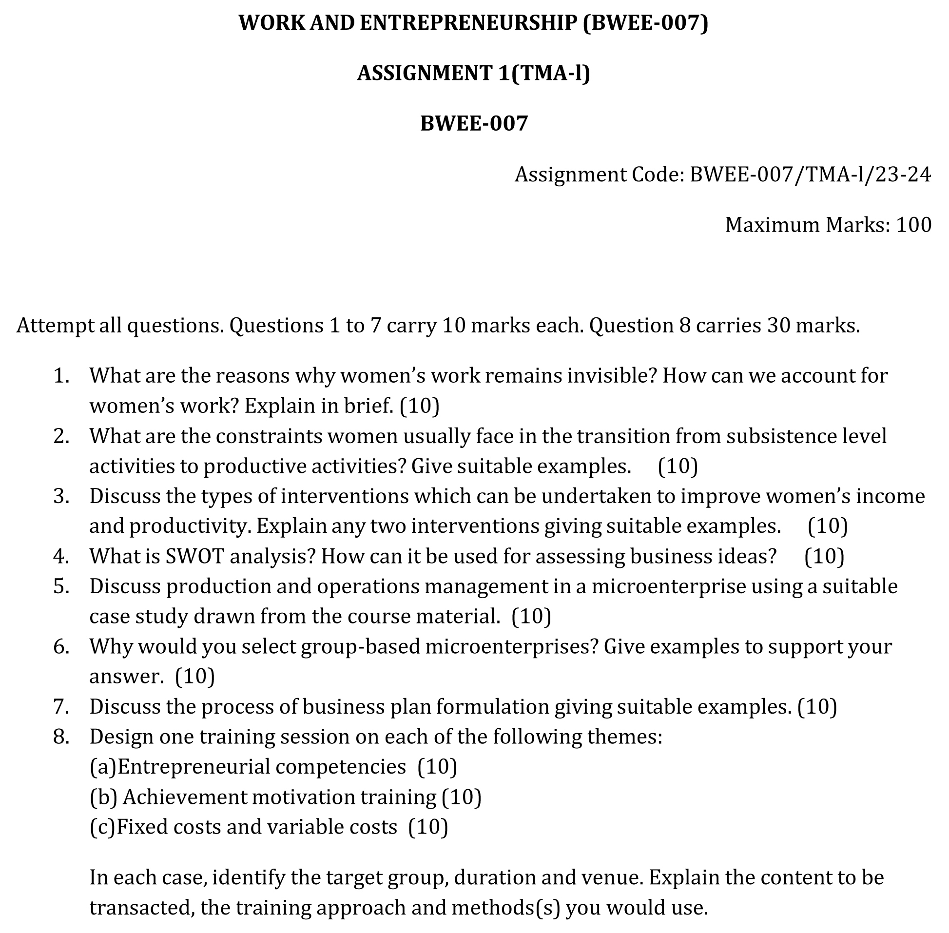 IGNOU BWEE-07 - Work and Entrepreneurship, Latest Solved Assignment-July 2023 - January 2024