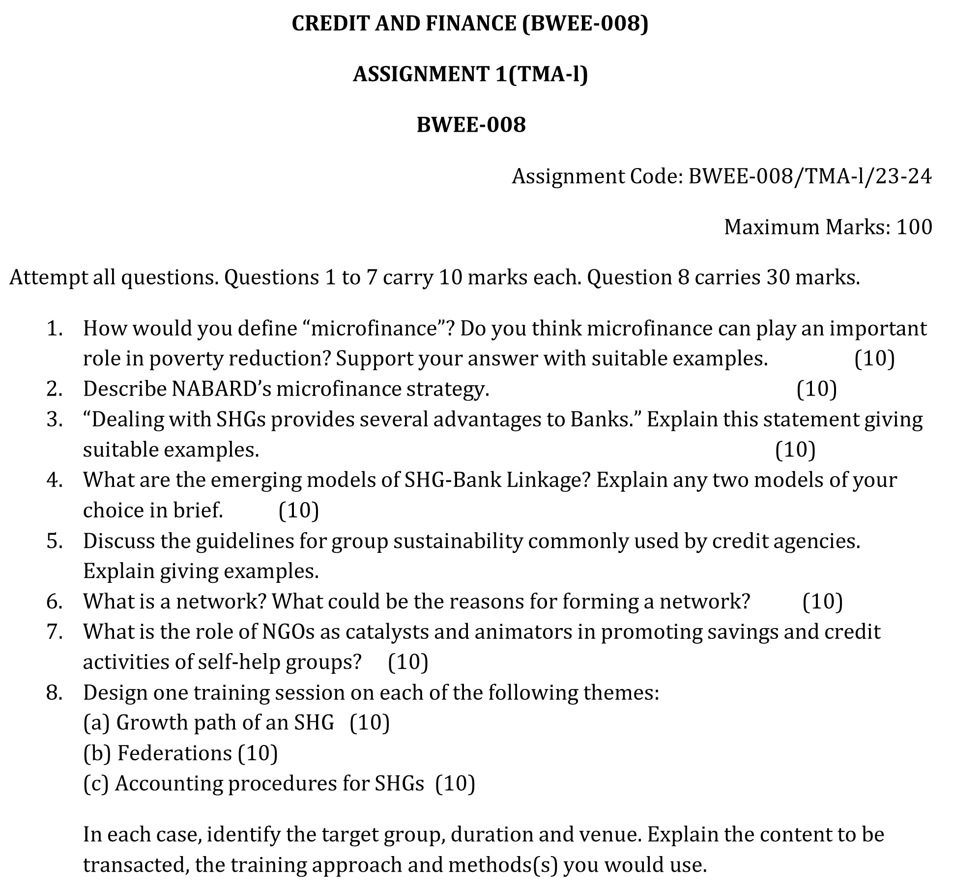 IGNOU BWEE-08 - Credit and Finance, Latest Solved Assignment-July 2023 - January 2024