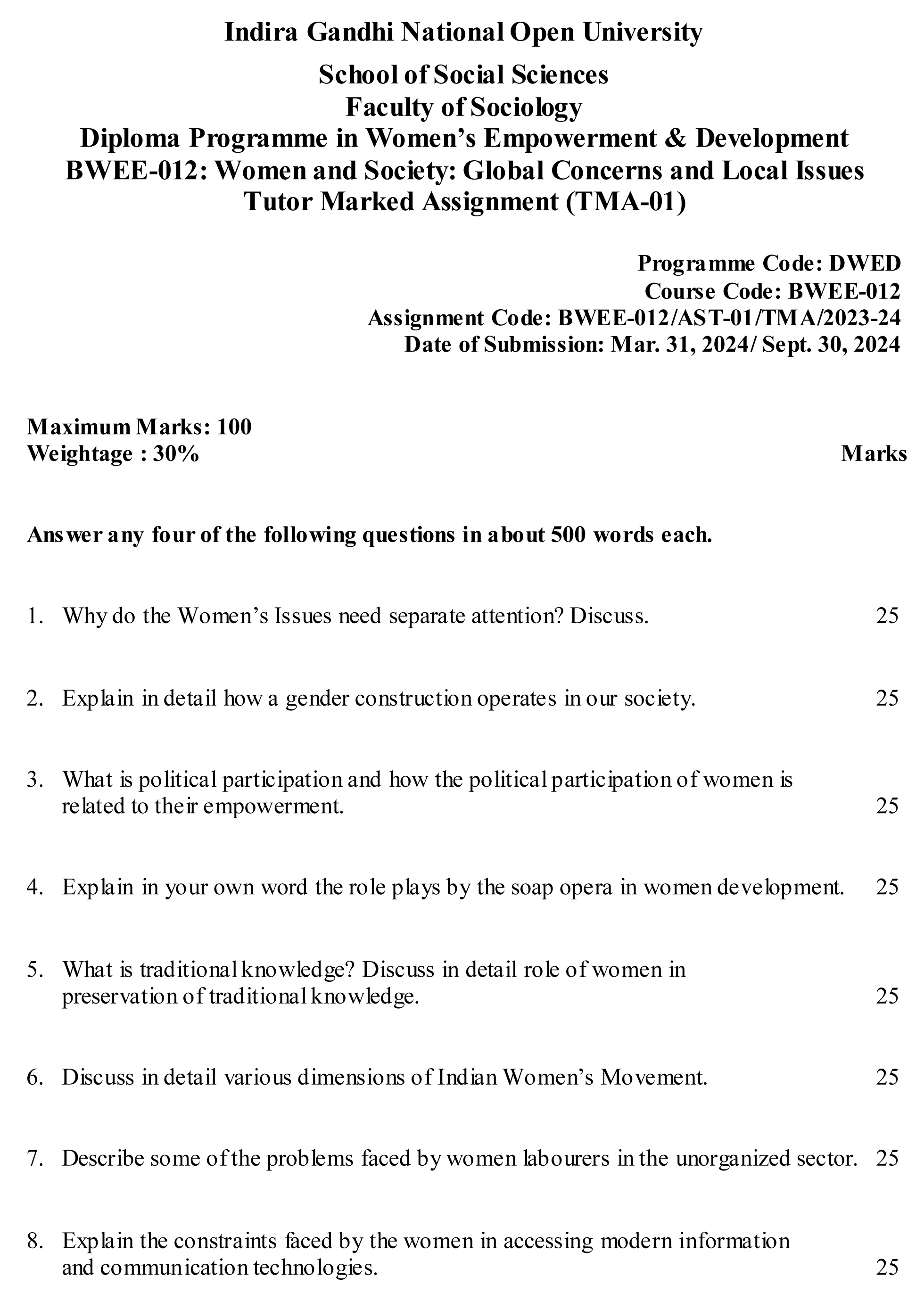 IGNOU BWEE-12 - Women and Society: Global Concerns and Local Issues, Latest Solved Assignment-July 2023 - January 2024