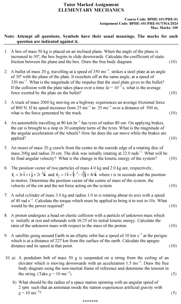 BPHE-101/PHE-01 - Elementary Mechanics-January 2024 - December 2024