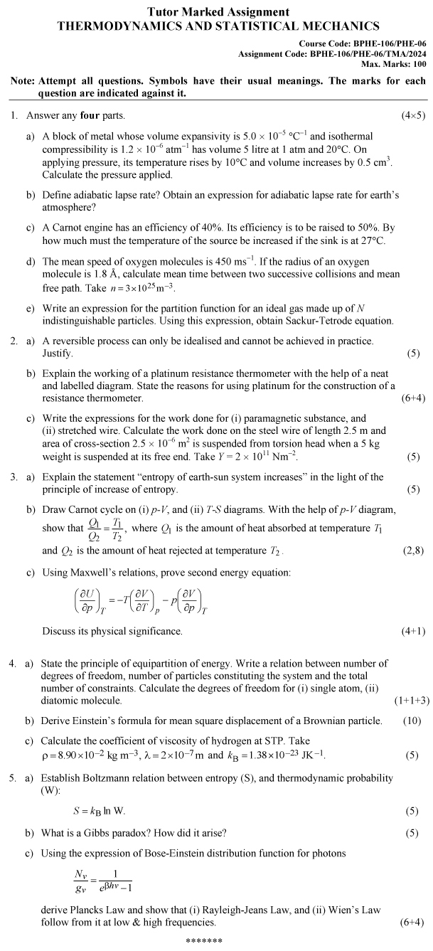 BPHE-106/PHE-06 - Thermodynamics and Statistical Mechanics-January 2024 - December 2024