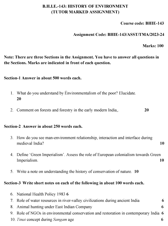 IGNOU BHIE-143 - History of Environment, Latest Solved Assignment-July 2023 - January 2024