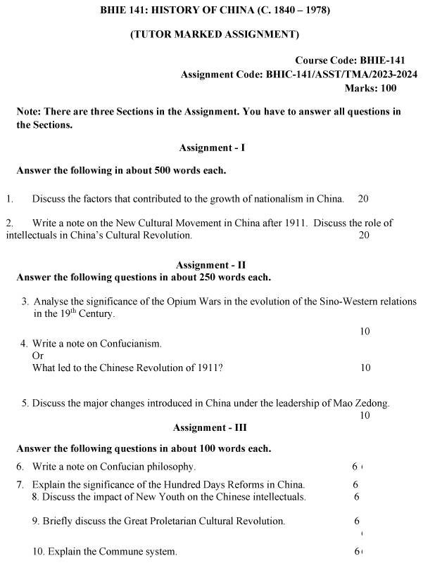 IGNOU BHIE-141 - History of China (C. 1840 – 1978), Latest Solved Assignment-July 2023 - January 2024