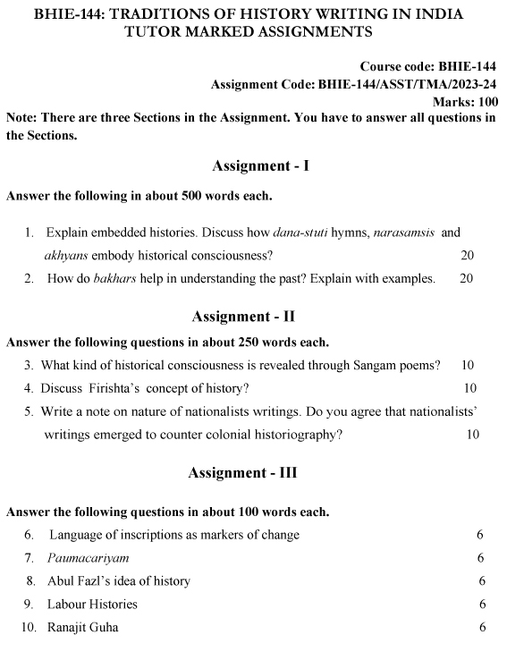 IGNOU BHIE-144 - Traditions of History Writing in India, Latest Solved Assignment-July 2023 - January 2024