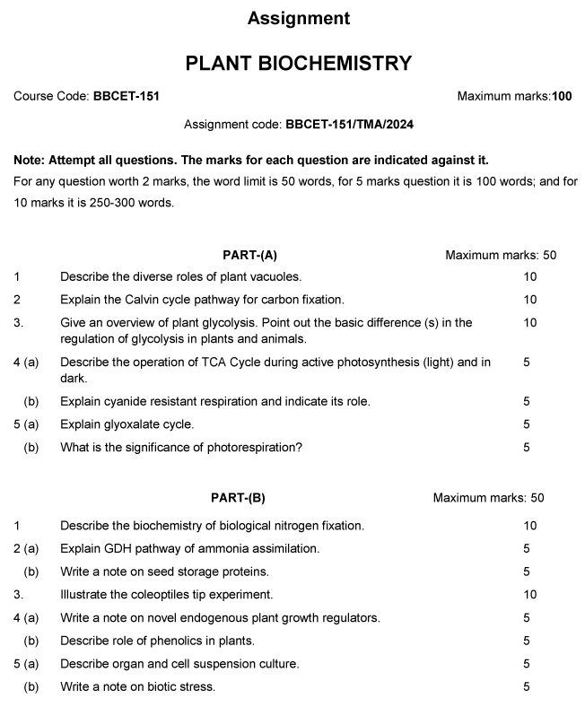 IGNOU BBCET-151 - Plant Biochemistry Latest Solved Assignment-January 2024 - December 2024