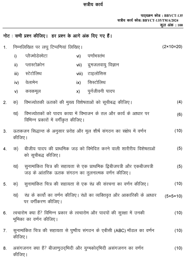 IGNOU BBYCT-135 - Plant Anatomy and Embryology, Latest Solved Assignment-January 2024 - December 2024