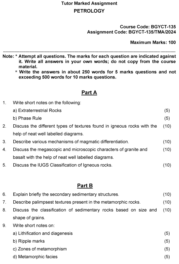 IGNOU BGYCT-135 - Petrology, Latest Solved Assignment-January 2024 - December 2024