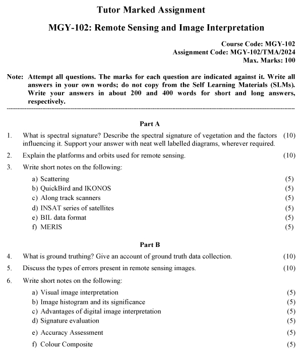 IGNOU MGY-102 - Remote Sensing and Image Interpretation Latest Solved Assignment-January 2024 - December 2024