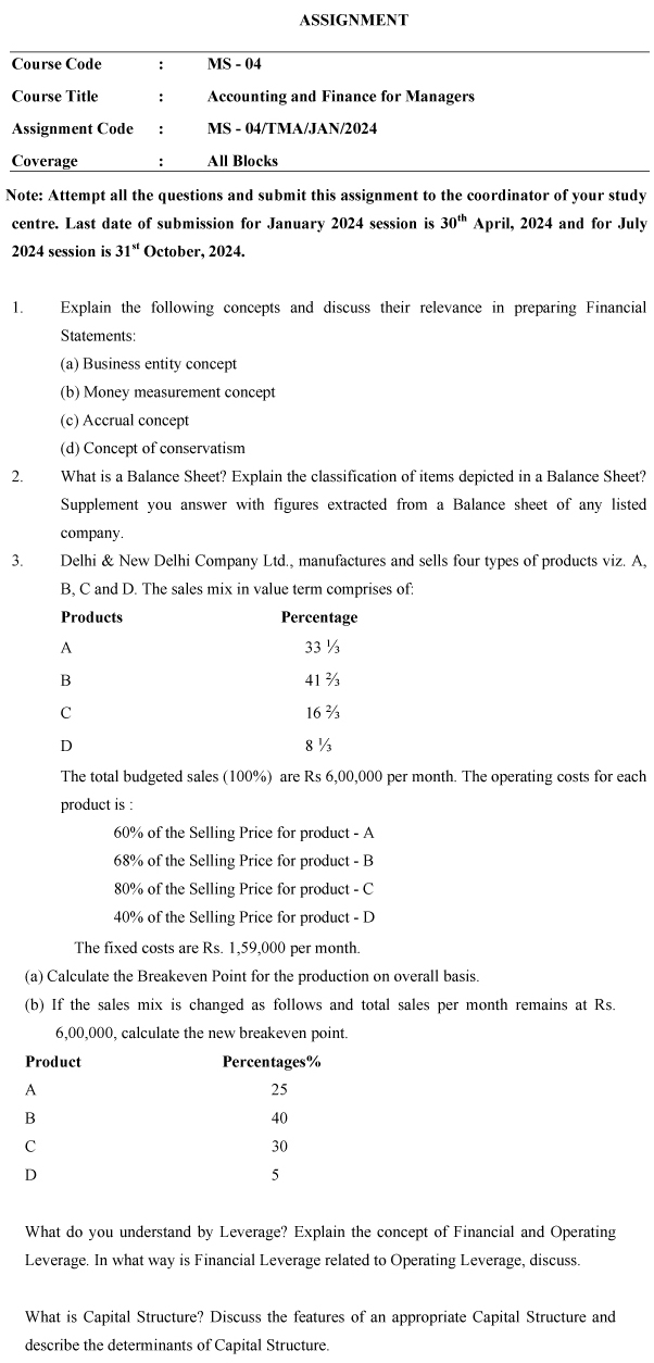 IGNOU MS-04 - Accounting and Finance for Managers Latest Solved Assignment-January 2024 - July 2024