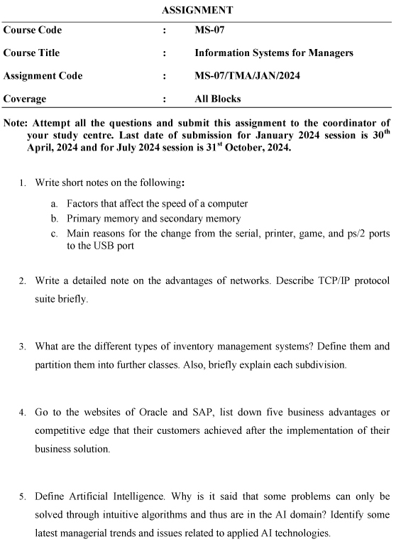 IGNOU MS-07 - Information Systems for Managers Latest Solved Assignment-January 2024 - July 2024