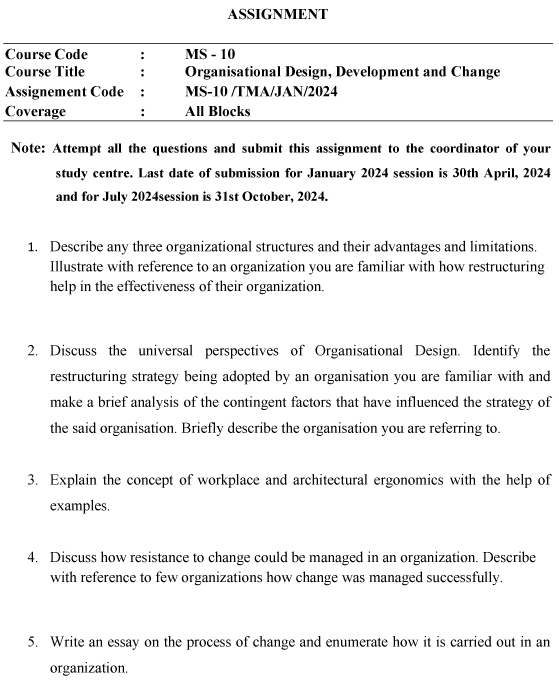 IGNOU MS-10 - Organizational Design, Development and Change Latest Solved Assignment-January 2024 - July 2024