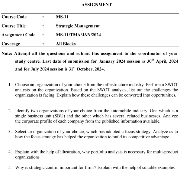 IGNOU MS-11 - Strategic Management (MS) Latest Solved Assignment-January 2024 - July 2024