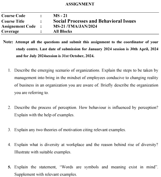 IGNOU MS-21 - Social Processes and Behavioural Issues (MS) Latest Solved Assignment-January 2024 - July 2024