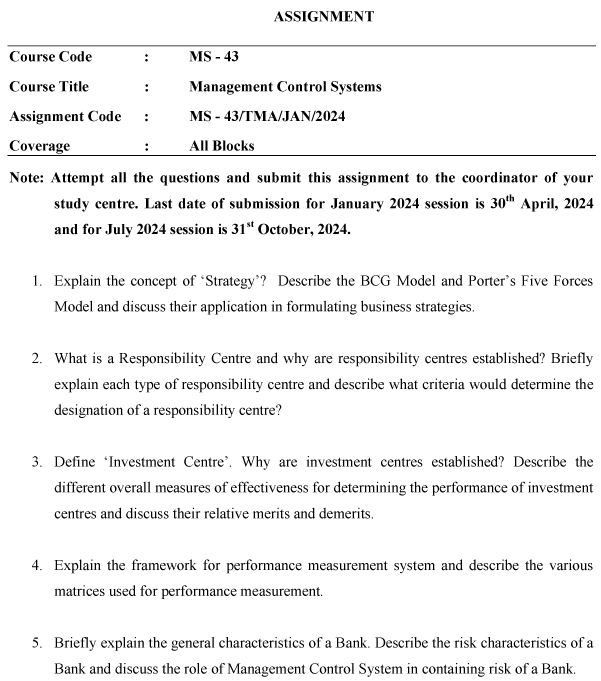 IGNOU MS-43 - Management Control Systems Latest Solved Assignment-January 2024 - July 2024