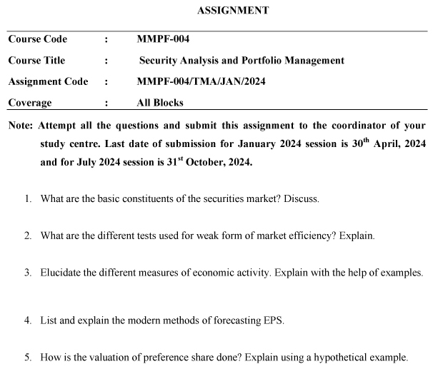 IGNOU MMPF-04 - Security Analysis and Portfolio Management Latest Solved Assignment-January 2024 - July 2024