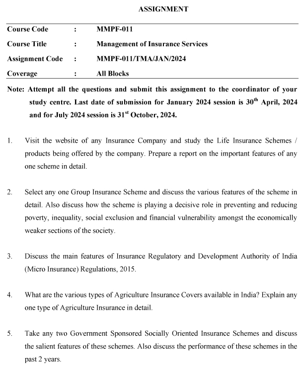 IGNOU MMPF-11 - Management of Insurance Services Latest Solved Assignment-January 2024 - July 2024